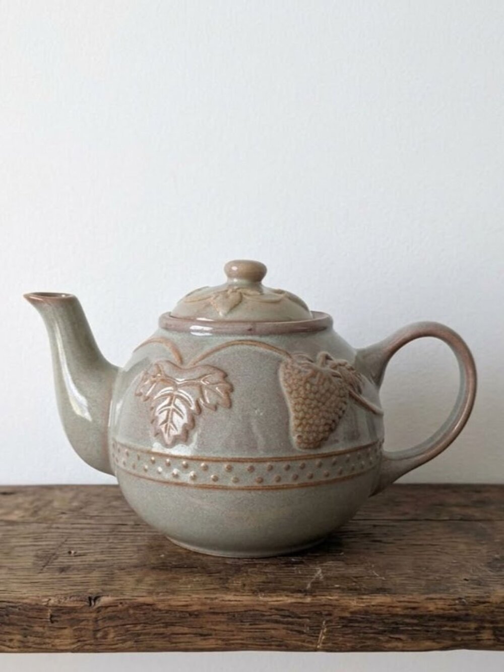 Vintage Ceramic Pottery Teapot Grape Leaf Cluster Motif Primitive Blue Glaze 10"